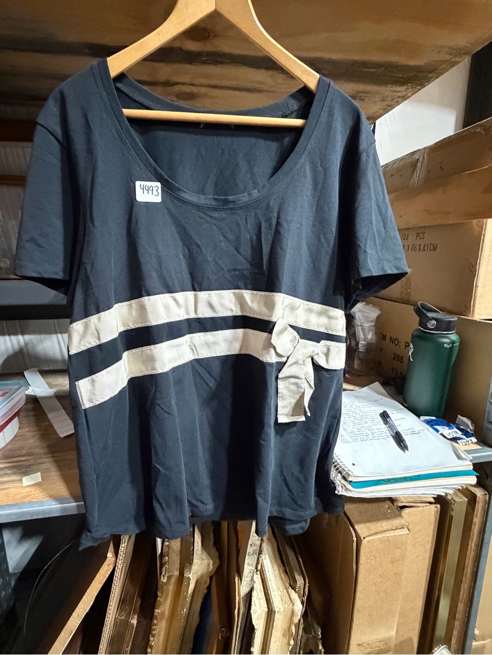 #4493-Women’s Short Sleeve Navy Tee with Cream Stripes and Bow